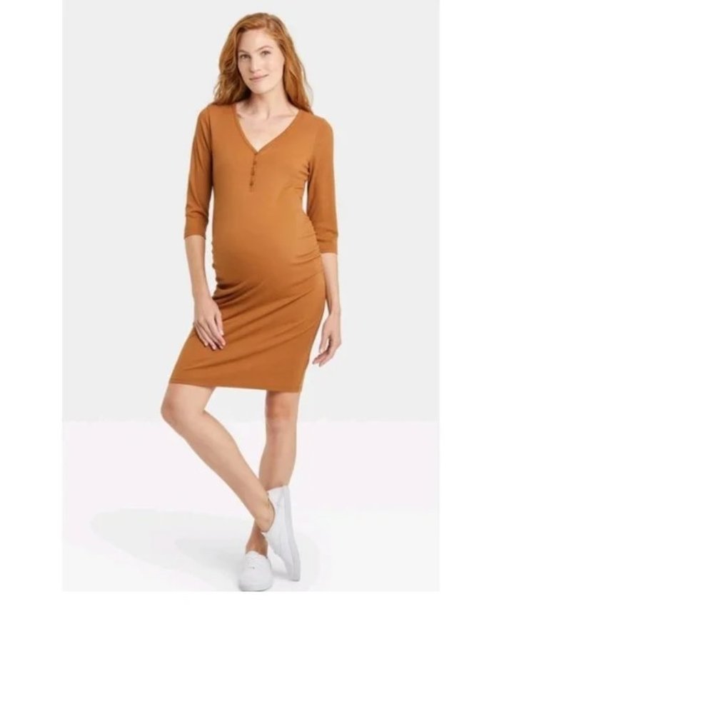 Isabel Maternity Ribbed 3/4 Sleeve Dress, Brown, Size XL